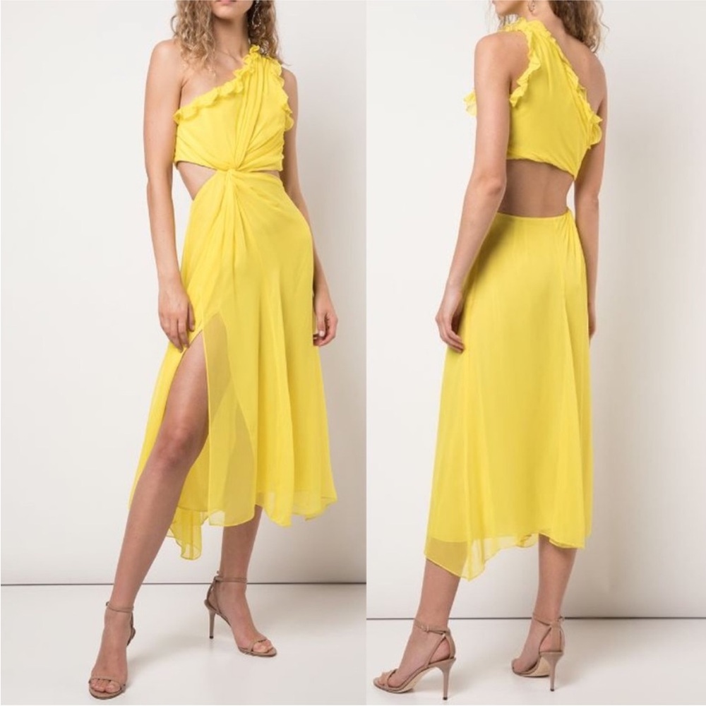 cinq a sept One-Shoulder Yellow Cutout Midi Dress with Ruffle Trim